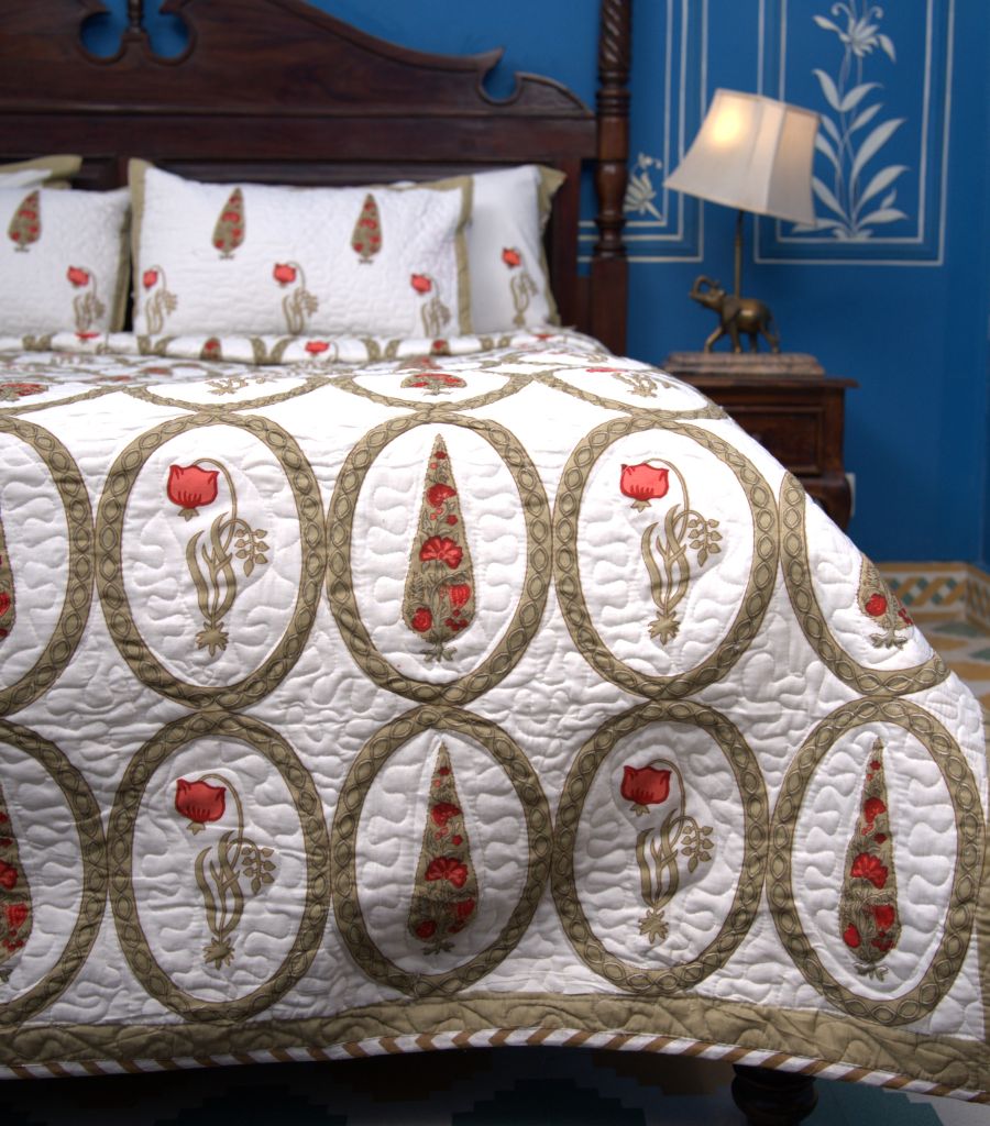 Red & Olive Green Tulip Mughal Floral Hand Block Bedsheet & Quilted Bedcover Set – Hand Block Printed