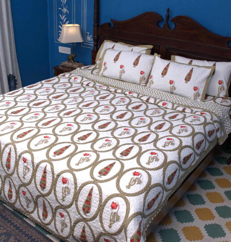 Red & Olive Green Tulip Mughal Floral Hand Block Bedsheet & Quilted Bedcover Set – Hand Block Printed