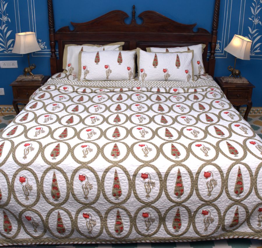 Red & Olive Green Tulip Mughal Floral Hand Block Bedsheet & Quilted Bedcover Set – Hand Block Printed