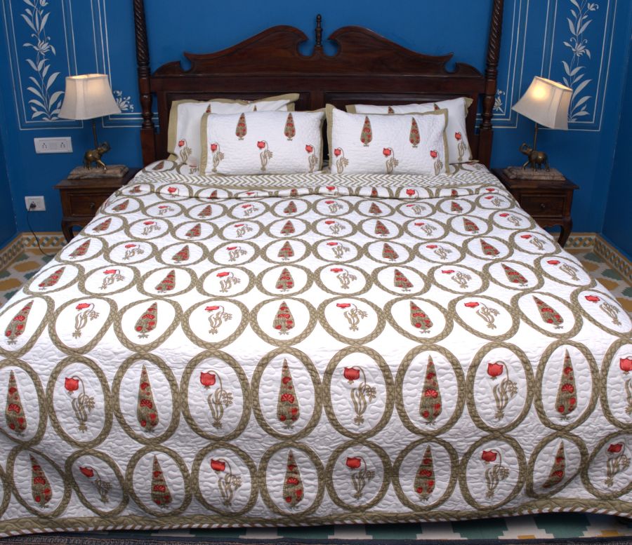 Red & Olive Green Tulip Mughal Floral Hand Block Quilted Bedcover
