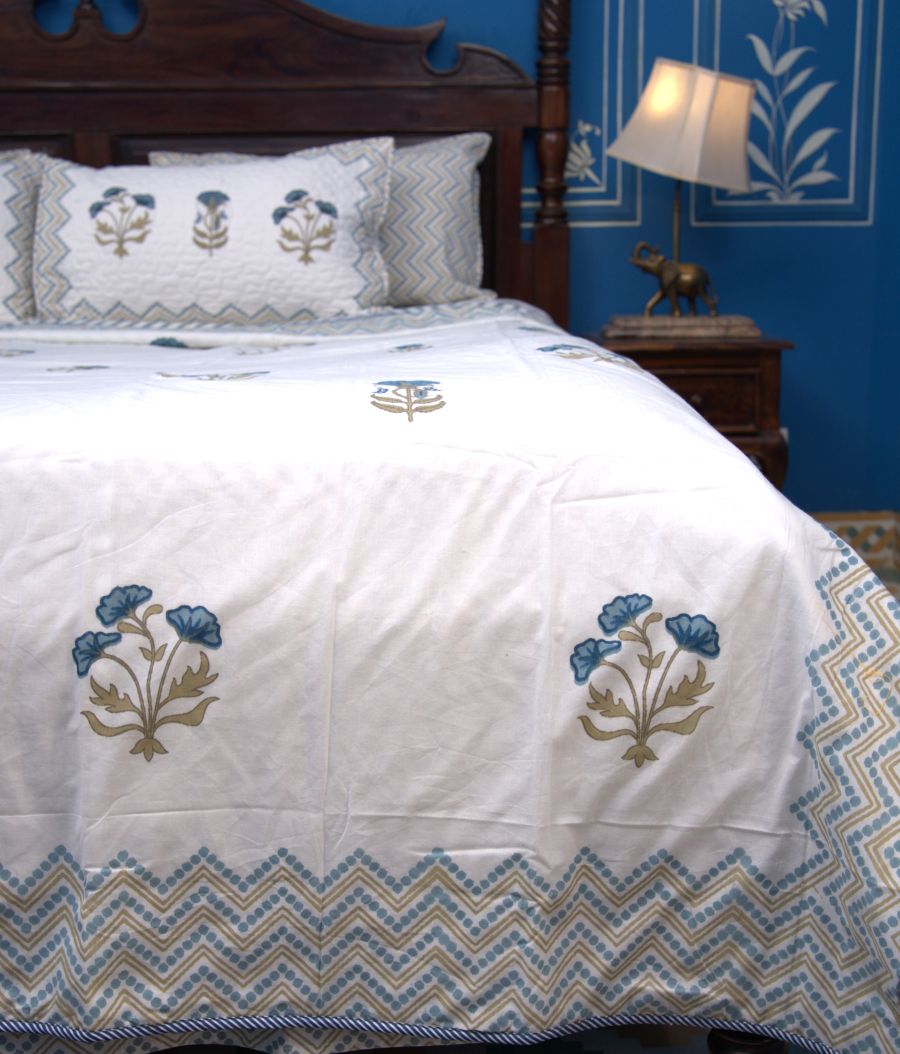 Blue and Olive Green Carnation Hand Block Muslin Dohar