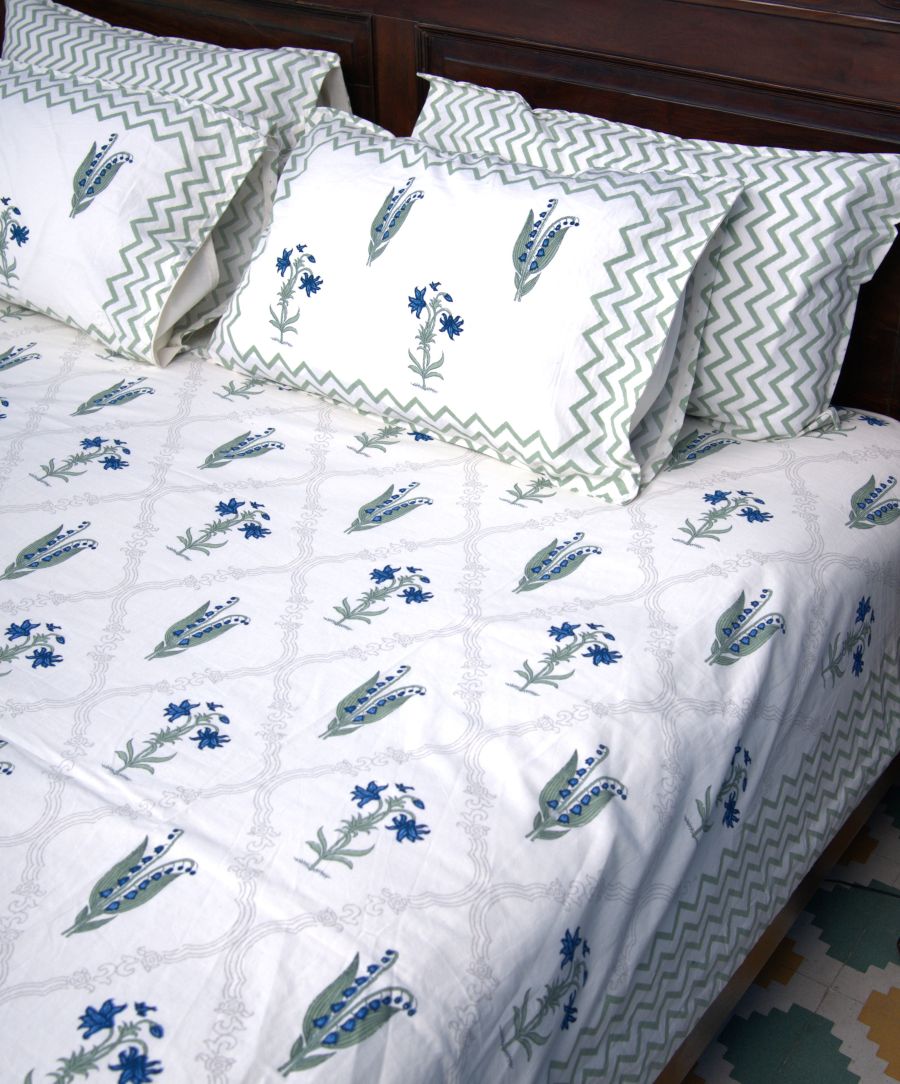Light Green & Blue Lilly Flower Hand Block Bedsheet with 2 Pillow Cover Set - 220TC