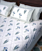 Light Green & Blue Lilly Flower Hand Block Bedsheet with 2 Pillow Cover Set - 220TC