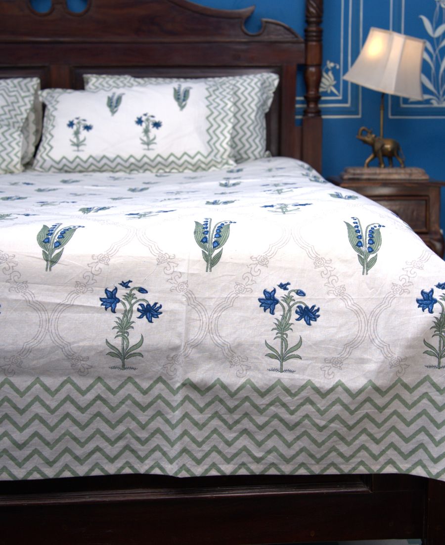 Light Green & Blue Lilly Flower Hand Block Bedsheet with 2 Pillow Cover Set - 220TC