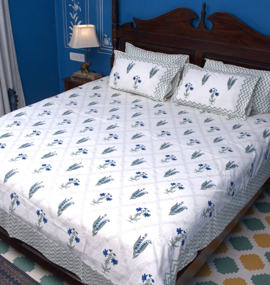Light Green & Blue Lilly Flower Hand Block Bedsheet with 2 Pillow Cover Set - 220TC