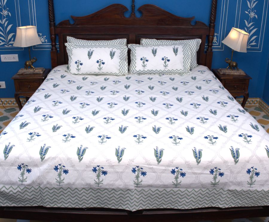 Light Green & Blue Lilly Flower Hand Block Bedsheet with 2 Pillow Cover Set - 220TC
