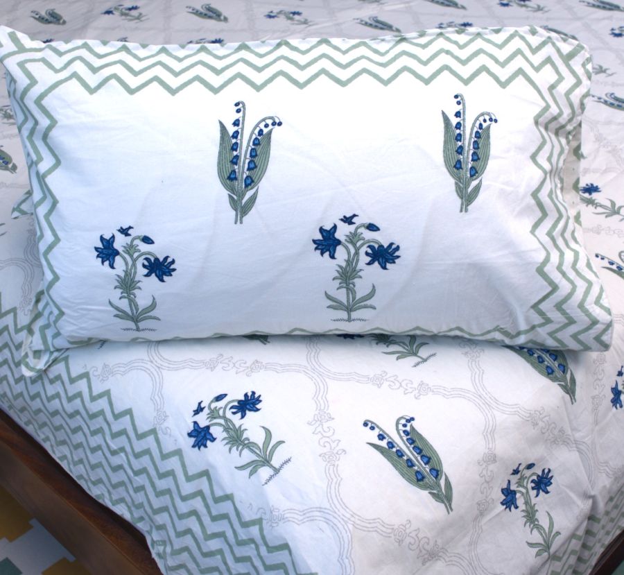 Light Green & Blue Lilly Flower Hand Block Bedsheet with 2 Pillow Cover Set - 220TC