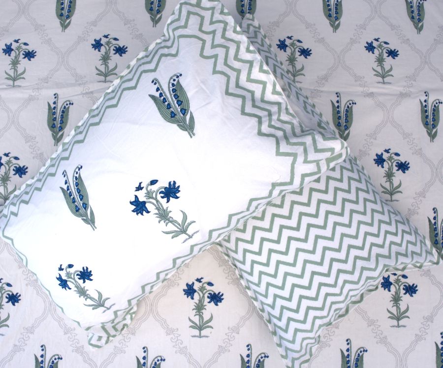Light Green & Blue Lilly Flower Hand Block Bedsheet with 2 Pillow Cover Set - 220TC