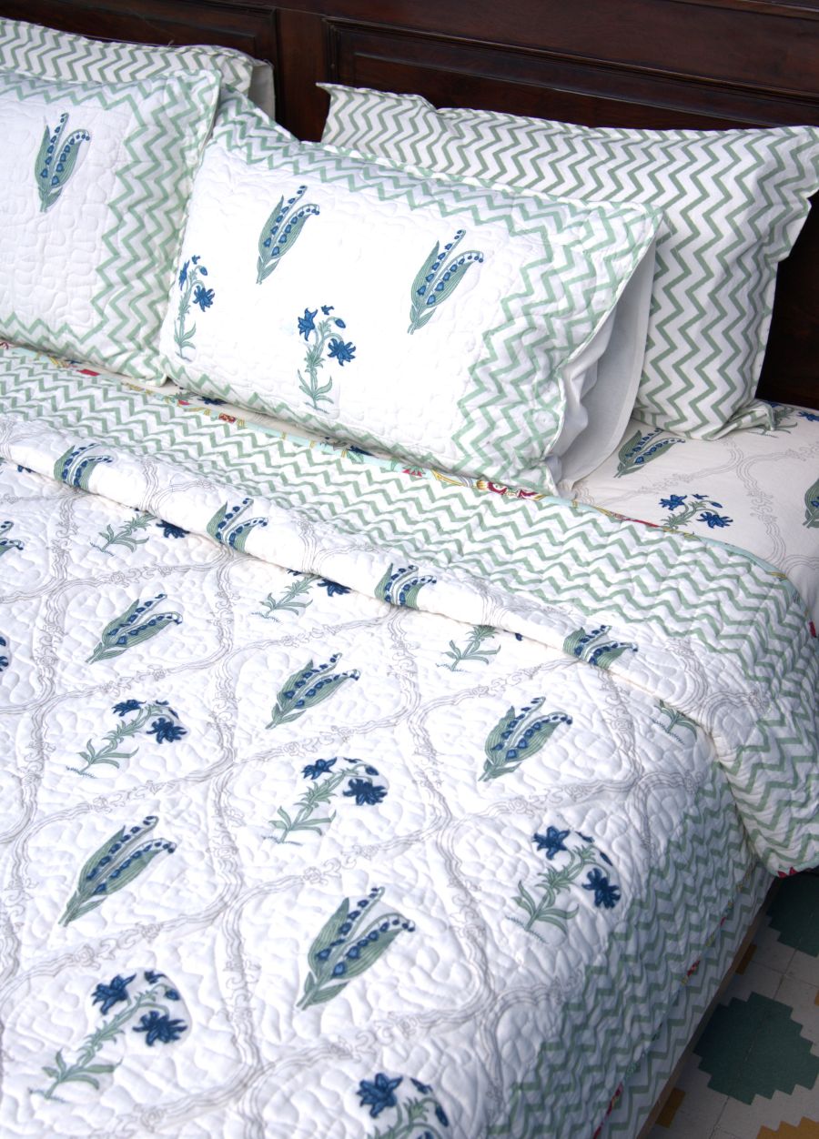 Light Green & Blue Lilly Flower Hand Block Bedsheet & Quilted Bedcover Set – Hand Block Printed