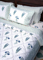 Light Green & Blue Lilly Flower Hand Block Bedsheet & Quilted Bedcover Set – Hand Block Printed