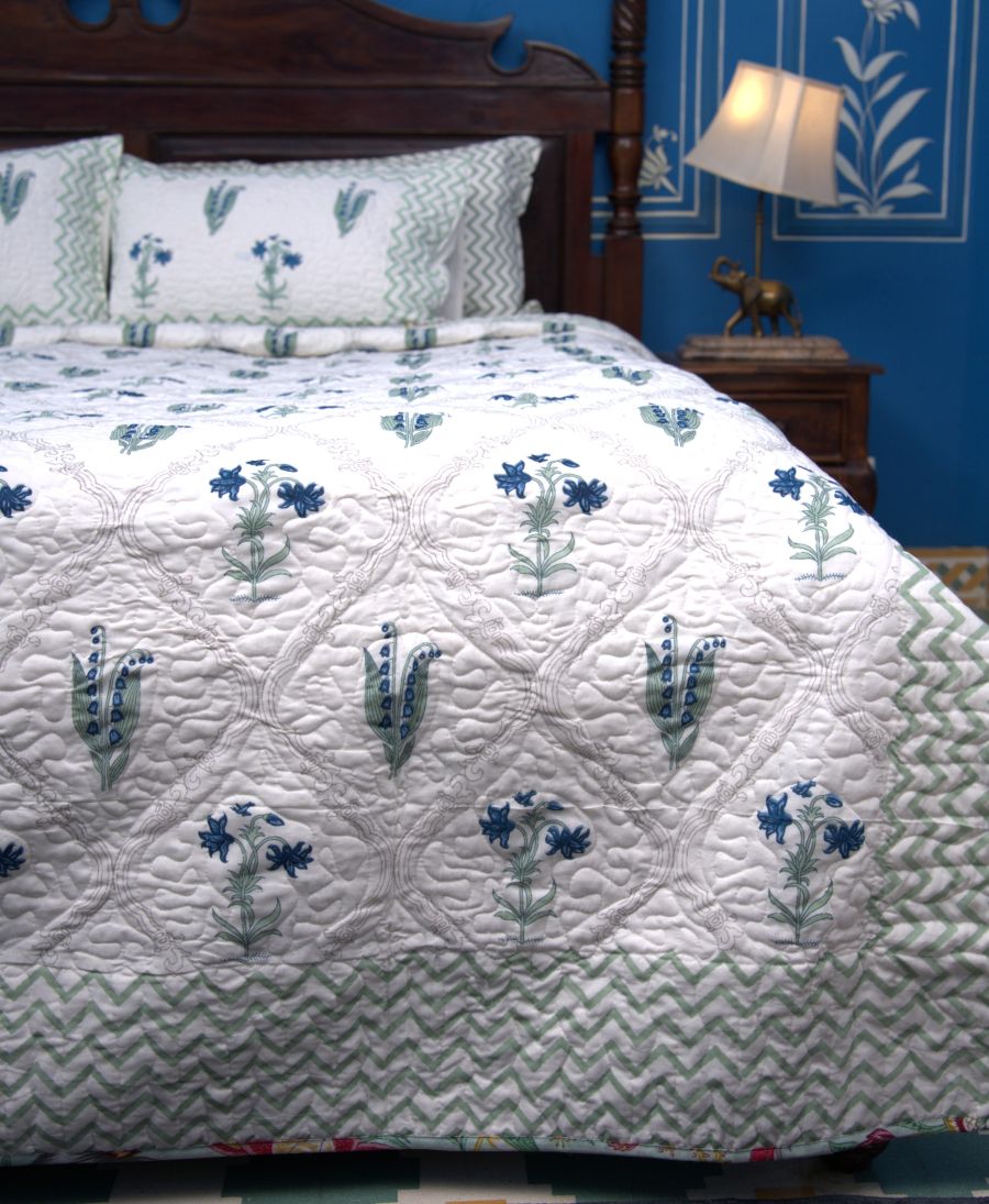 Light Green & Blue Lilly Flower Hand Block Bedsheet & Quilted Bedcover Set – Hand Block Printed
