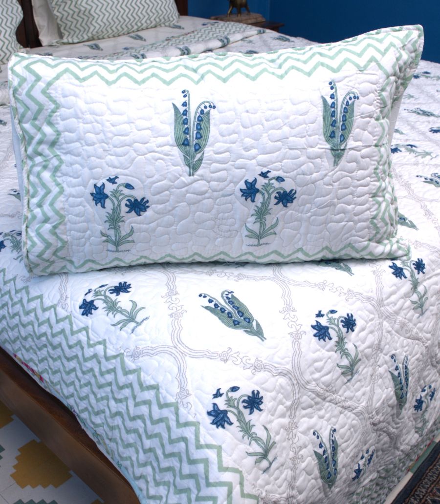 Light Green & Blue Lilly Flower Hand Block Bedsheet & Quilted Bedcover Set – Hand Block Printed