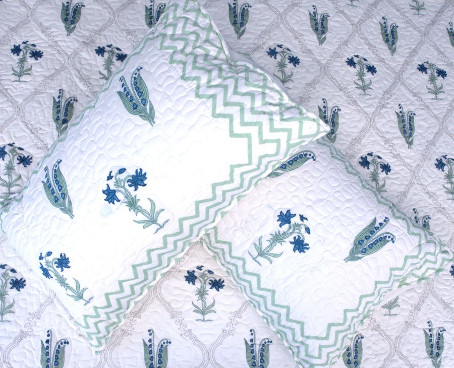 Light Green & Blue Lilly Flower Hand Block Bedsheet & Quilted Bedcover Set – Hand Block Printed