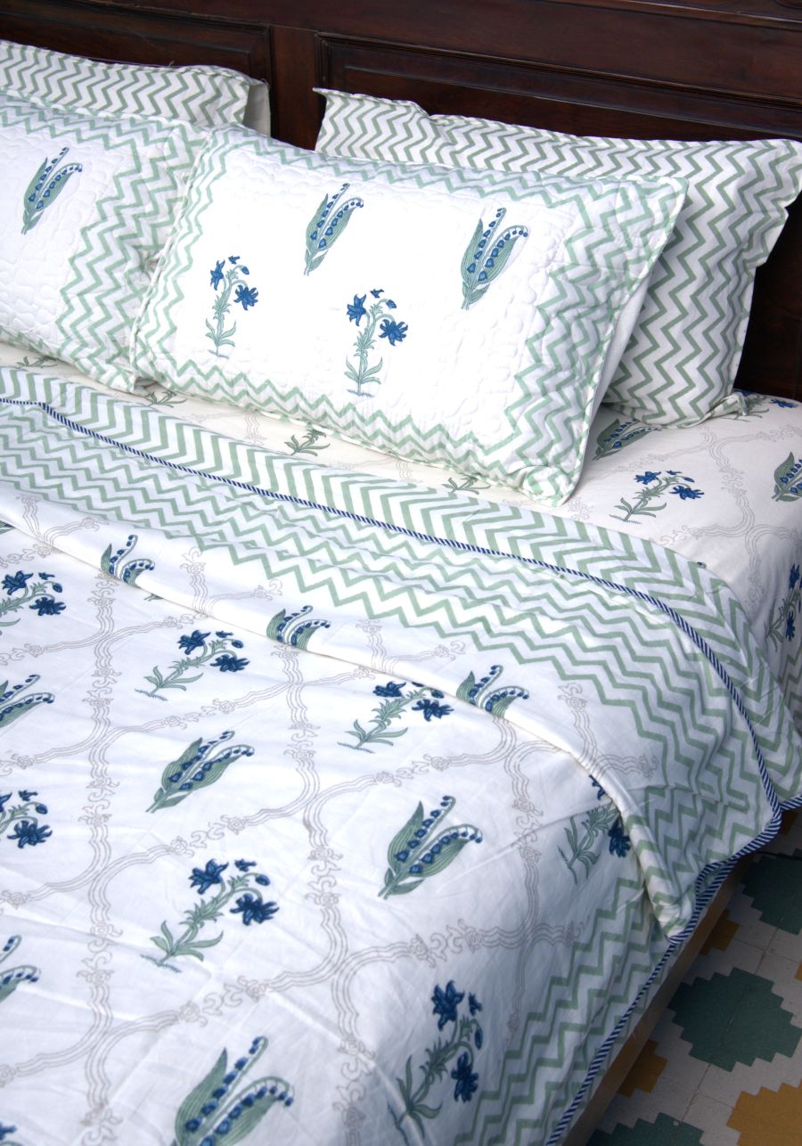 Light Green & Blue Lilly Flower Bedsheet & Dohar Set – Hand Block Printed