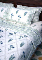 Light Green & Blue Lilly Flower Bedsheet & Dohar Set – Hand Block Printed