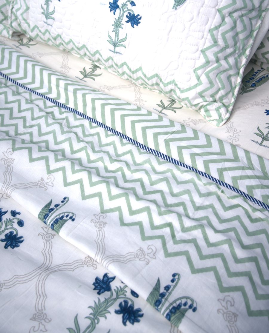 Light Green & Blue Lilly Flower Hand Block Muslin Dohar