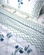 Light Green & Blue Lilly Flower Hand Block Muslin Dohar