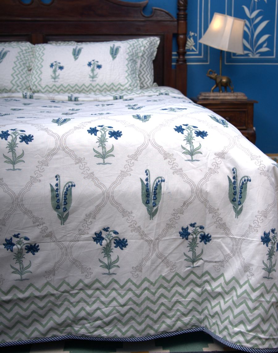 Light Green & Blue Lilly Flower Bedsheet & Dohar Set – Hand Block Printed