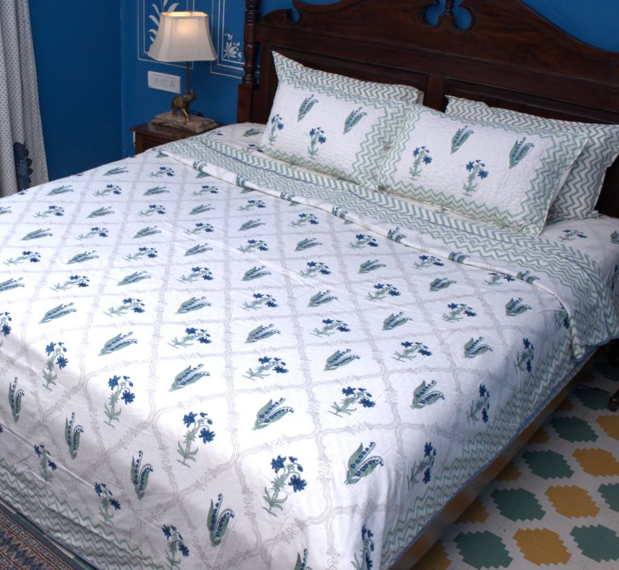 Light Green & Blue Lilly Flower Bedsheet & Dohar Set – Hand Block Printed