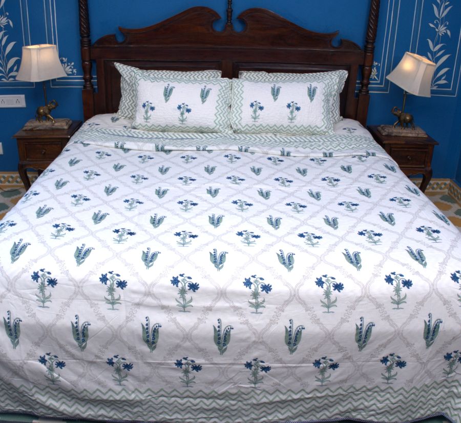 Light Green & Blue Lilly Flower Bedsheet & Dohar Set – Hand Block Printed