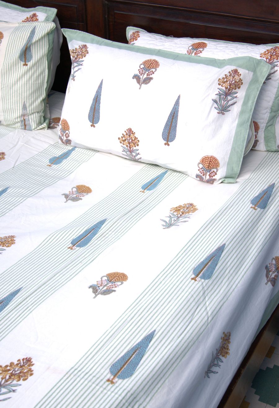 Rust Orange & Soft Blue Grey Botanical Hand Block Bedsheet with 2 Pillow Cover Set - 220TC