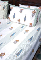 Rust Orange & Soft Blue Grey Botanical Hand Block Bedsheet with 2 Pillow Cover Set - 220TC