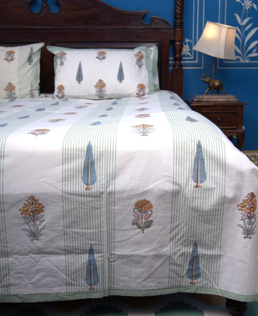 Rust Orange & Soft Blue Grey Botanical Hand Block Bedsheet with 2 Pillow Cover Set - 220TC