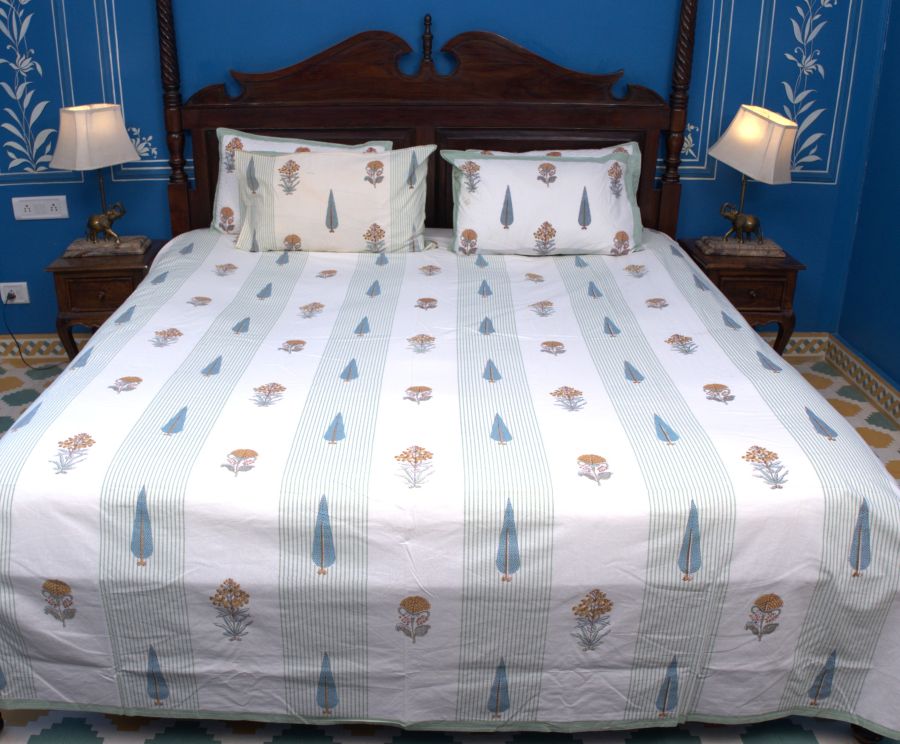 Rust Orange & Soft Blue Grey Botanical Hand Block Bedsheet with 2 Pillow Cover Set - 220TC