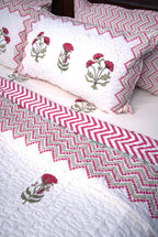 Pink & Red Carnation Hand Block Quilted Bedcover