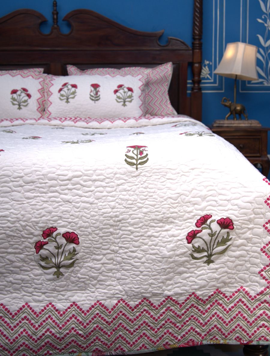Pink & Red Carnation Hand Block Quilted Bedcover