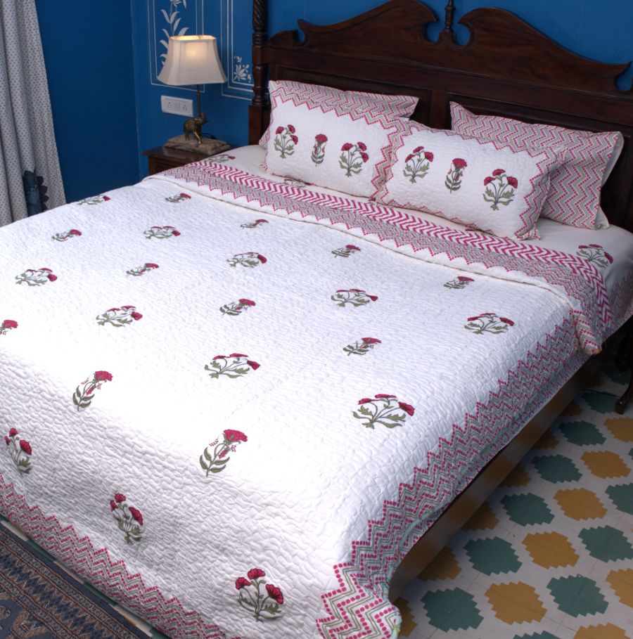 Pink & Red Carnation Hand Block Quilted Bedcover
