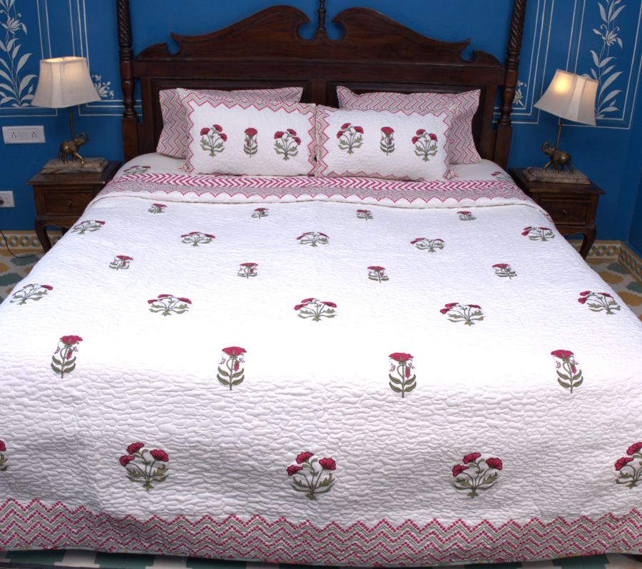 Pink & Red Carnation Hand Block Quilted Bedcover