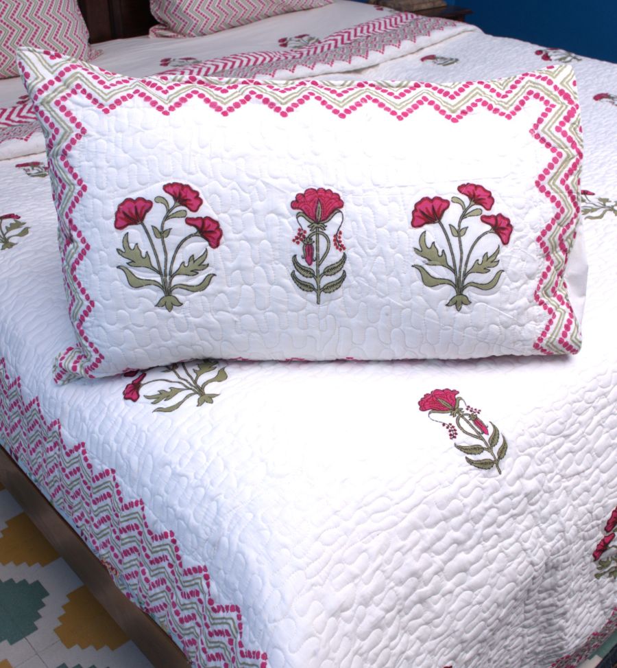 Pink & Red Carnation Hand Block Quilted Bedcover