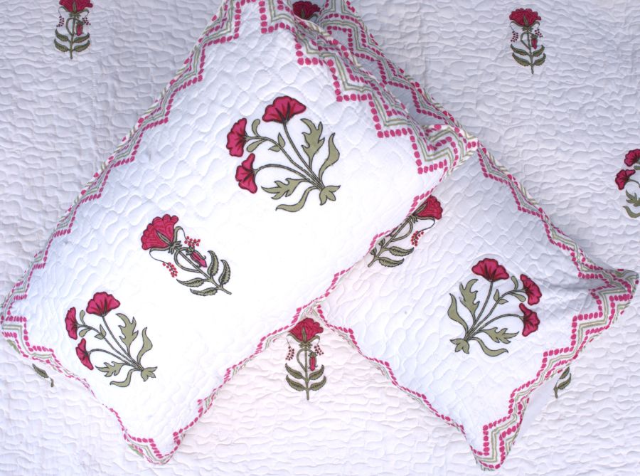 Pink & Red Carnation Hand Block Quilted Bedcover