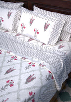 Red & Grey Lilly Flower Bedsheet & Dohar Set – Hand Block Printed