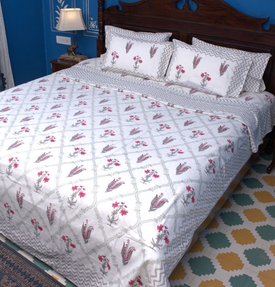 Red & Grey Lilly Flower Bedsheet & Dohar Set – Hand Block Printed