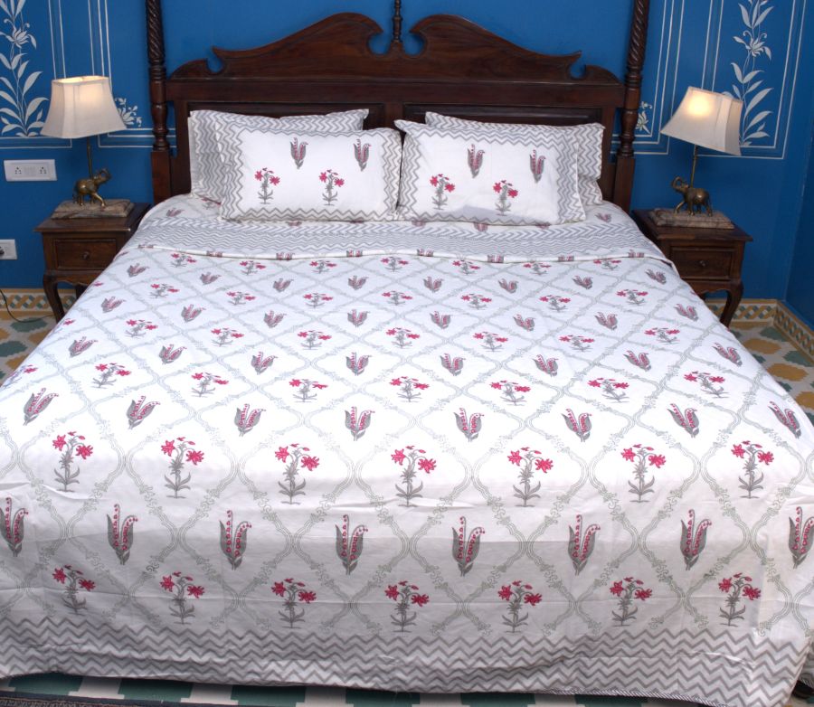 Red & Grey Lilly Flower Bedsheet & Dohar Set – Hand Block Printed