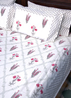Red & Grey Lilly Flower Hand Block Bedsheet with 2 Pillow Cover Set - 220TC