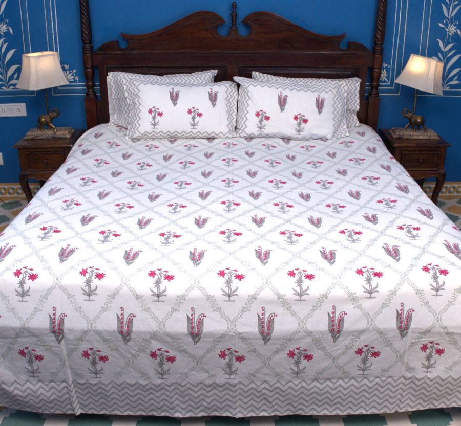 Red & Grey Lilly Flower Hand Block Bedsheet with 2 Pillow Cover Set - 220TC