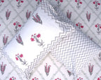 Red & Grey Lilly Flower Hand Block Bedsheet with 2 Pillow Cover Set - 220TC