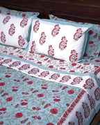 Red & Light Blue Mughal Floral Jal Hand Block Muslin Dohar