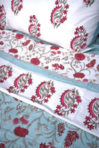 Red & Light Blue Mughal Floral Jal Bedsheet & Dohar Set – Hand Block Printed