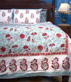 Red & Light Blue Mughal Floral Jal Hand Block Muslin Dohar