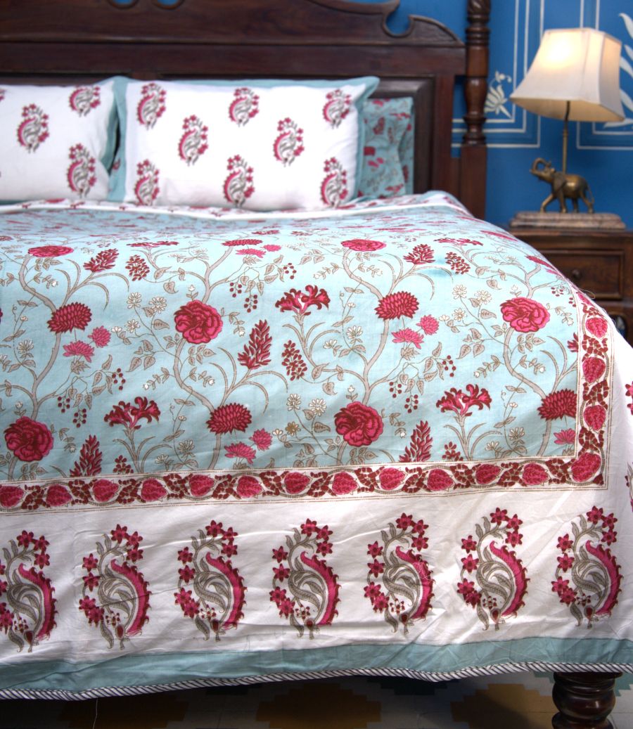 Red & Light Blue Mughal Floral Jal Hand Block Muslin Dohar