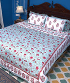 Red & Light Blue Mughal Floral Jal Hand Block Muslin Dohar