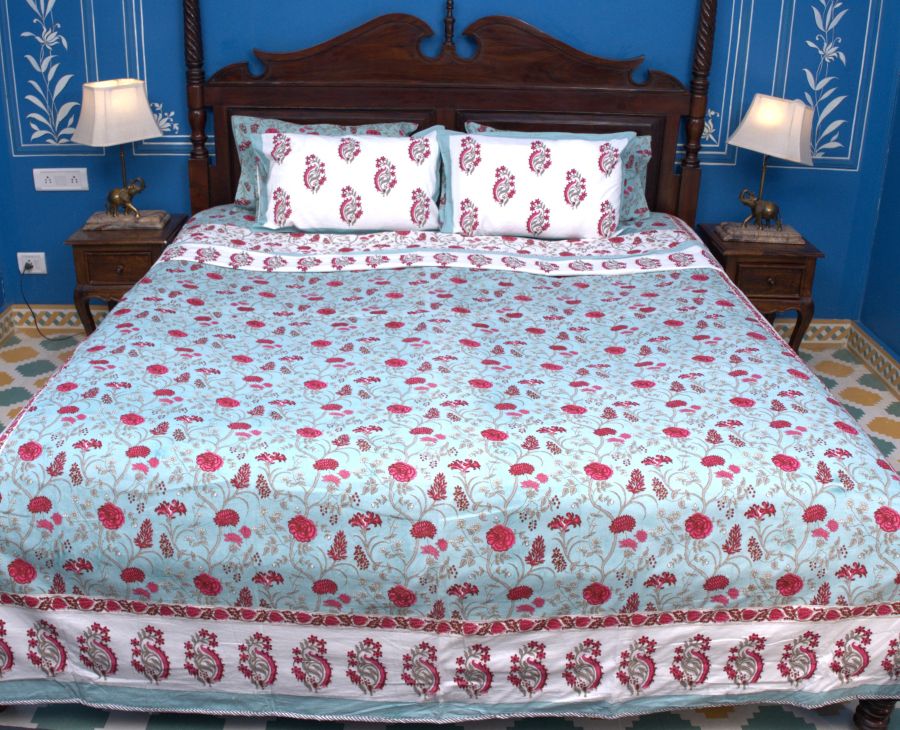 Red & Light Blue Mughal Floral Jal Bedsheet & Dohar Set – Hand Block Printed