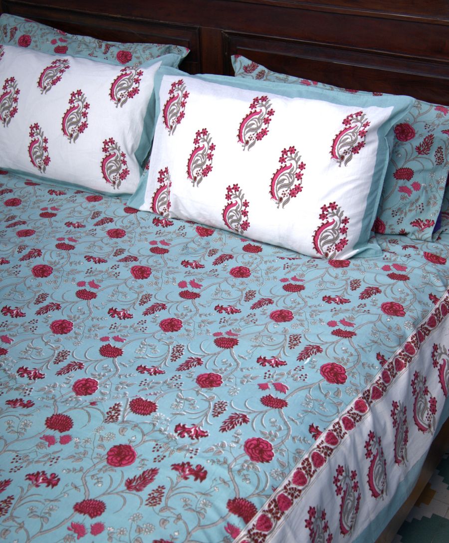Red & Light Blue Mughal Floral Jal Hand Block Bedsheet with 2 Pillow Cover Set - 220TC