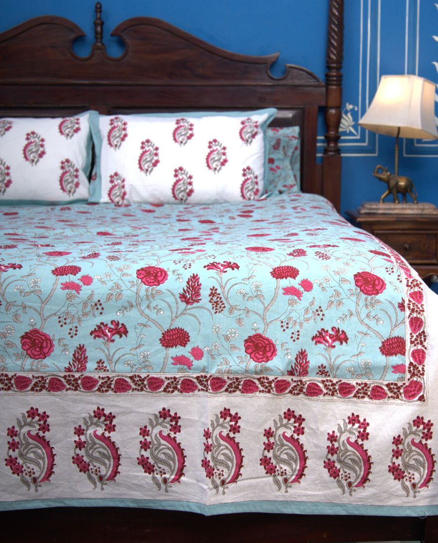 Red & Light Blue Mughal Floral Jal Hand Block Bedsheet with 2 Pillow Cover Set - 220TC