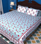 Red & Light Blue Mughal Floral Jal Hand Block Bedsheet with 2 Pillow Cover Set - 220TC