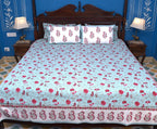 Red & Light Blue Mughal Floral Jal Hand Block Bedsheet with 2 Pillow Cover Set - 220TC